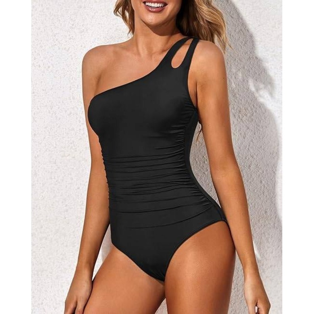 Holipick Black One‎ Shoulder Ruched Full Coverage One Piece Swimsuit XL New